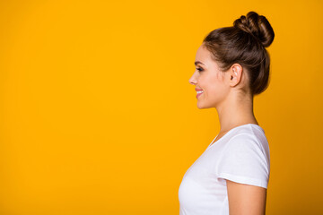 Wall Mural - Profile side photo of charming girlish content girl look copyspace enjoy spring weekend free time holiday listen her friends wear modern outfit isolated over vibrant color background