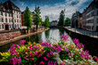 Flowers on a bridge over the river Ill in Strasbourg, France