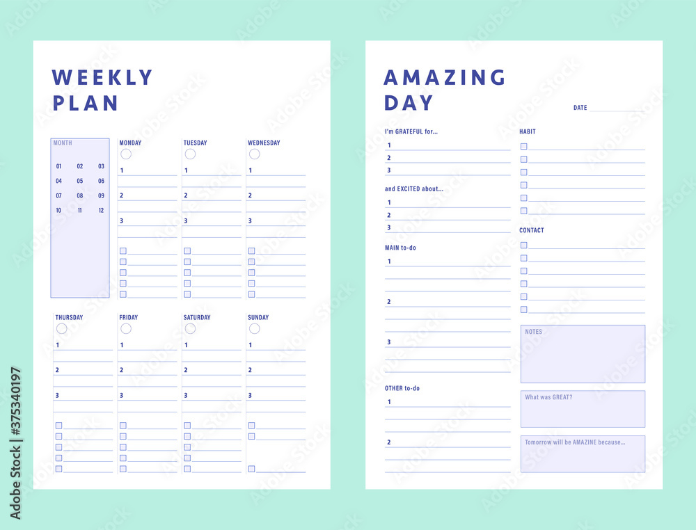 2 Set of minimalist planners. Daily and weekly planner template. Clear and simple printable to do list. Business organizer page. Paper sheet. Realistic vector illustration.	 - obrazy, fototapety, plakaty 