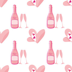 Wall Mural - Quirky champagne and open heart seamless vector pattern background. Pink bottles, glasses, fizzy drink and love symbol on white backdrop. Fun all over print for engagement, Valentine celebration