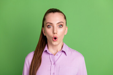 Poster - Photo of astonished pretty girl look incredible novelty impressed open mouth wear shirt isolated over green color background