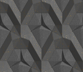Wall Mural - 3D tiles of black color in the form of hexagon tiles volumetric shape with white and gold dots. High quality seamless realistic texture.