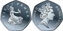 Vector British Money Silver Coin Fifty Pee Or Pence, Obverse And Reverse With Seated Britannia Alongside Lion, With Olive Branch And Trident