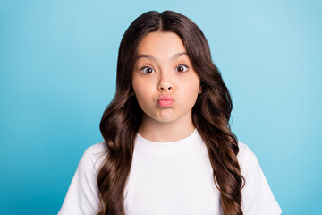 Sticker - Close-up portrait of her she nice attractive lovely funny girlish naughty wavy-haired girl grimacing pout lips isolated over bright vivid shine vibrant blue teal turquoise color background