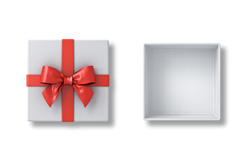 Poster - Top view of white present lid with red ribbon bow and empty gift box isolated on white background with shadows 3D rendering