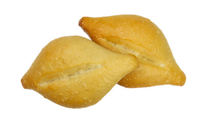 two bolillo bread rolls on a white background