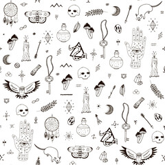 Wall Mural - Occult mistyca halloween witch hand drawn seamless vector pattern