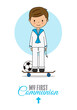 First communion card. Boy with skateboard.  Isolated vector