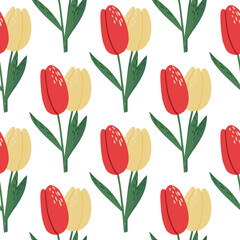 Wall Mural - Isolated bright spring seamless tulip pattern. Flower silhouettes with red and yellow buds on white background.