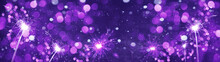Silvester / New Year Background Banner Panorama Long- Purple Firework Sparklers In The Dark Blue Night With Snowflakes Snow And Bokeh Lights