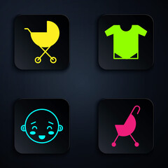 Sticker - Set Baby stroller, Baby stroller, Happy little boy head and Baby onesie. Black square button. Vector.