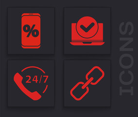 Poster - Set Chain link, Percent discount and mobile, Laptop and Telephone 24 hours support icon. Vector.