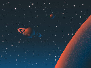 Wall Mural - planets and numerous stars. abstract trendy illustration. vector with red blue gradients.