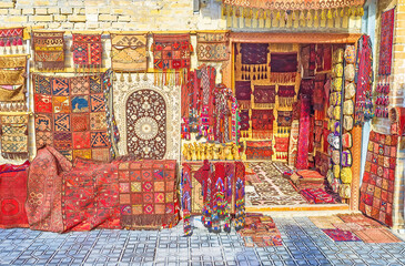 Sticker - The carpet stall in Toqi Sarrafon bazaar in Bukhara, Uzbekistan