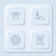 © Oksana - Set line Magician hat, Hand holding fire, Pentagram circle and Decree, paper, parchment, scroll. White square button. Vector.