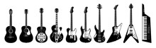 Guitar Set. Acoustic & Electric Guitars On White Background. Vector Monochrome Illustration. Musical Instruments.