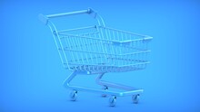 3D Rendering Illustration Of A Blue Shopping Cart Trolley On A Blue Background.