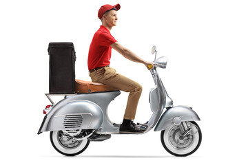 Wall Mural - Full length shot of a food delivery guy with a scooter