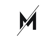 Letter M Logo In A Moden Style With Cut Out Slash And Lines. Vector