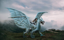 A Young Woman Sits Astride A Dragon. Fantasy Photography. A Huge Creature With Spikes And Wings Stands On Top Of A Mountain. Beautiful Nature Sky And White Clouds.