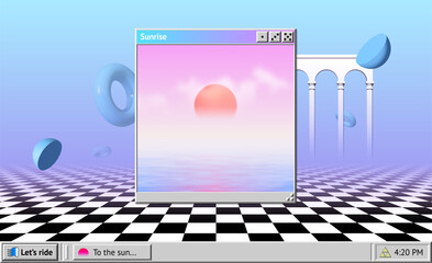 Poster - Vaporwave abstract background with OS window with sunrise and interface, surreal shapes and colonnade with arches