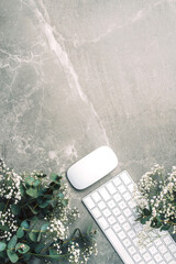 Wall Mural - Home office workspace with white keyboard, notebook and eucalyptus, gypsophila flower, copy space on marble background. Feminine workspace. Flat lay. Blogger, business concept. Mock up. Woman day.