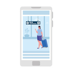 Wall Mural - tourist woman with luggage in smartphone, application online travel vector illustration design