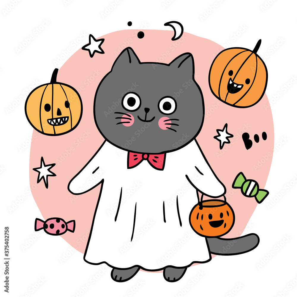 Cartoon cute Halloween day, Black cat trick or treat vector. Stock ...