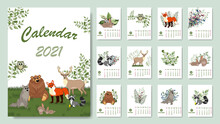 Forest Calendar For 2021 Year. Printable Planner Of 12 Months With Cute Animals. Bear, Fox, Rabbit, Wolf, Deer, Raccoo.  Cute Forest Animals.  Woodland Characters. New Year