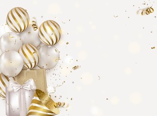 Celebration template with balloons, gift box, confetti, party hat on a white background. Concept for web banner, social networks, promotional sales.Vector.