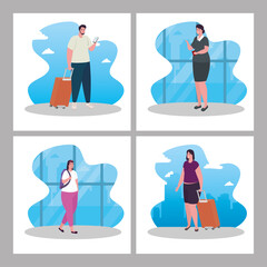 Canvas Print - set scenes, tourist people with luggage in airport terminal vector illustration design