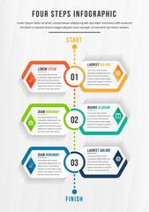 Poster - Six multicolored hexagons connected with text boxes and pictograms, infographic design template. Effective daily scheduling, task management concept. Vector illustration for mobile application, web