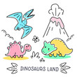 © klaiority - Vector set of illustration of cute color different dinosaur character and volcano on white background.