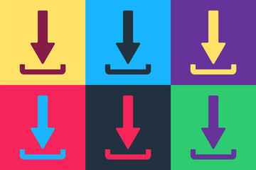 Poster - Pop art Download icon isolated on color background. Upload button. Load symbol. Arrow point to down. Vector.