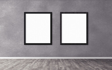 two white posters with frame on wall. mock up for you design preview. good use for advertasing mater