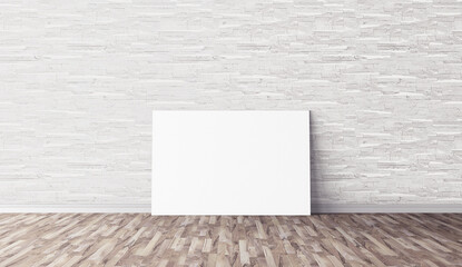 Wall Mural - White empty horizontal canvas standing on floor. Blank mockup for you design. Good template for advertasing.