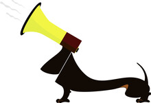 Dog Looks Like A Megaphone. Concept Illustration. Dog With A Megaphone Head Barks Or Announces Something Isolated On White
