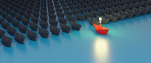 Think Outside The Box,Leadership,teamwork And Courage Concept.Unique Red Isometric Paper Ship And Many White Ones On Turquoise Blue Sea.3D Rendering.