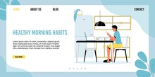 Young man enjoying breakfast eating sitting at home kitchen front of laptop computer watching video browsing or working online. Daily life. Healthy morning habit landing page design template