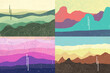 Vector illustration landscape. Japanese wave pattern. Mountain background. Asian style. Sunset scene. Design for social media wallpaper, blog post template. Old paper with scratches. Website template
