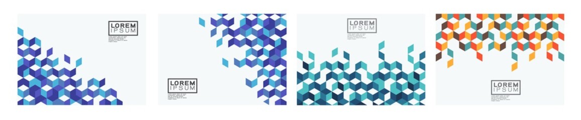 Set of template with colorful square pattern on corner position and white space. Modern geometric background for business or corporate presentation. Vector illustration