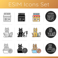 Sticker - Pet service icons set. Linear, black and RGB color styles. Domestic animal care business, professional assistance. Pet shop, professional dog grooming and washing. Isolated vector illustrations