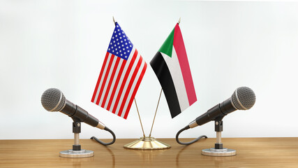 Poster - Microphones and flags pair on a desk over defocused background