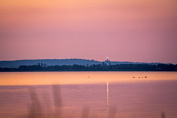 Canvas Print - sunseat at sea with lighthouse in background