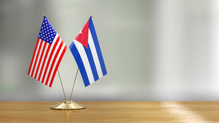 Poster - Microphones and flags pair on a desk over defocused background
