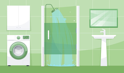 Sticker - Bathroom view semi flat vector illustration. All bath equipment. Washing machine, washbasin, shower cubicle with running water, mirror, wall cabinet 2D cartoon scene for commercial use