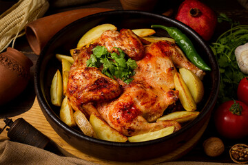 Wall Mural - traditional georgian dish, tobacco chicken, with potatoes, on a wooden table, view from above