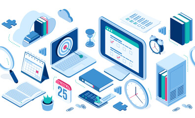 Isometric icons cloud with books, computer and smartphone, office supplies, alarm clock and table calendar, folder with files, clips. Infographics elements for web site design, 3d vector isolated set