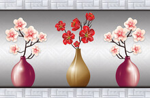 3d Illustration Rose And Golden Vases With  Red Flowers,  Silver Background .
Wallpaper 3 Pieces For Wall Frames Decor .