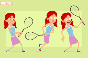 Wall Mural - Cartoon flat funny little redhead girl character in violet skirt. Kid posing and running with tennis racket. Ready for animation. Isolated on green background. Vector set.